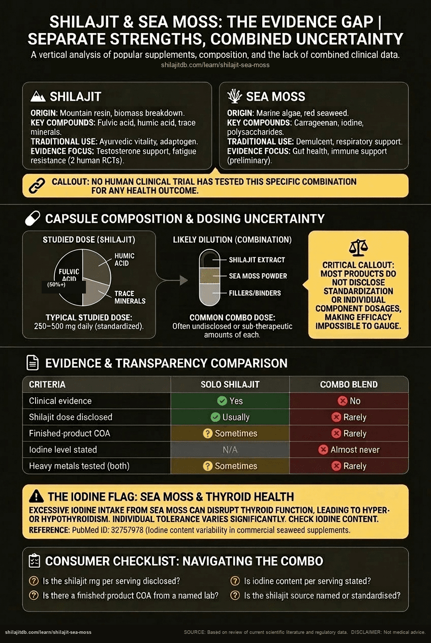 Infographic: Shilajit and sea moss evidence comparison — separate strengths, combined uncertainty. Shows dose gap, Solo Shilajit vs Combo Blend transparency table, iodine flag, and consumer checklist.